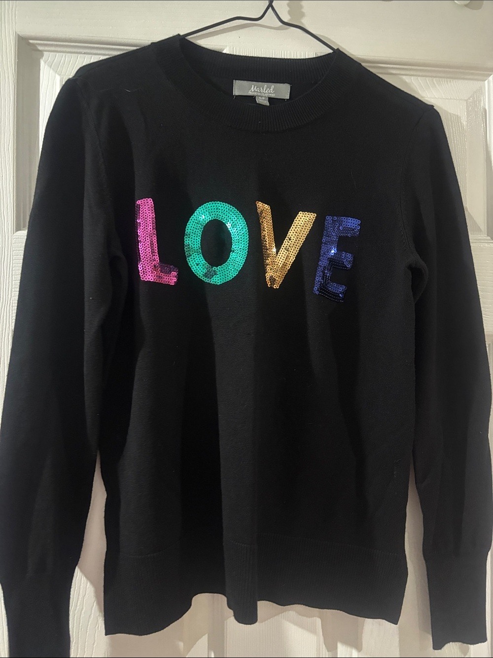 Marled Black Crewneck Sweater with Multicolor Sequin "LOVE"